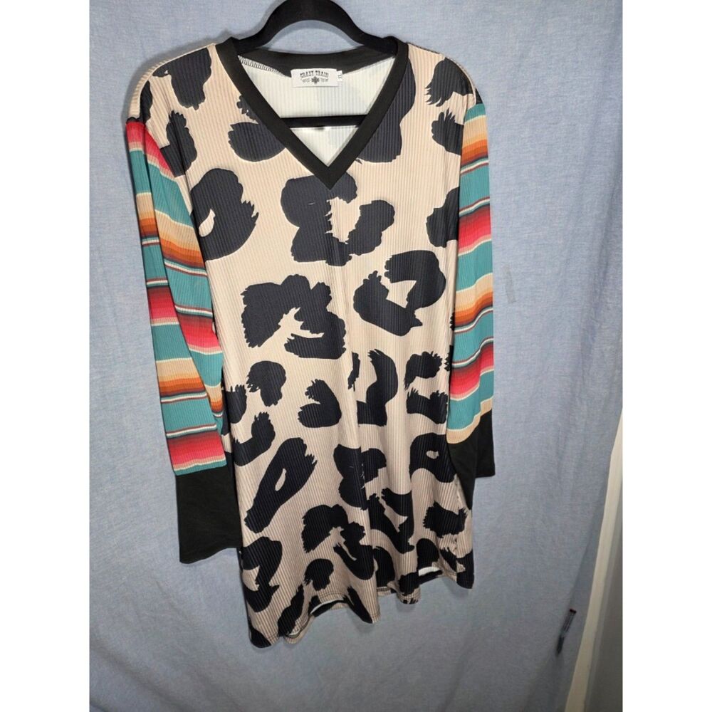Crazy Train Womens Animal Print Serape Striped Sleeve V-Neck Tunic Top Size XL